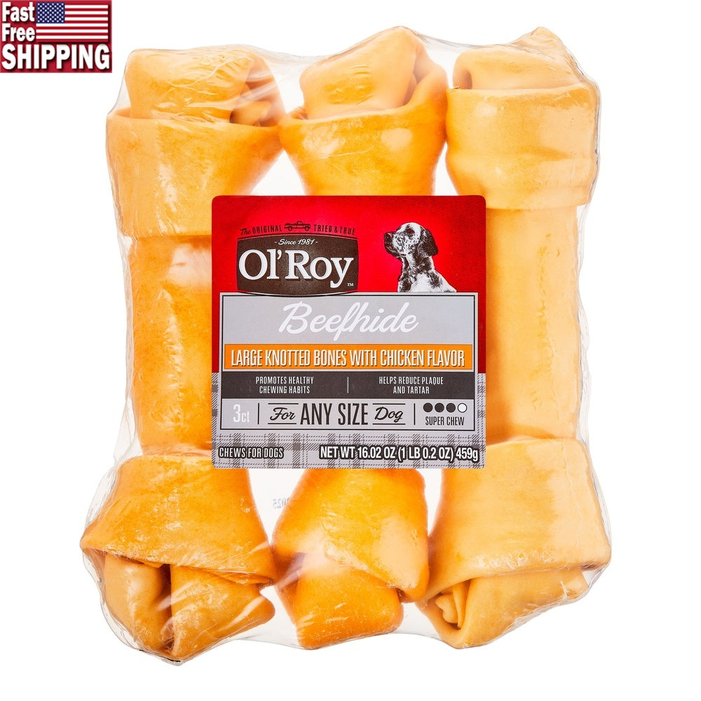 Large Knotted Rawhide Bones Dogs Chicken Flavor Chews 9 Inch Long Lasting Non Toxic Beefhide 3 Count Dental Treats