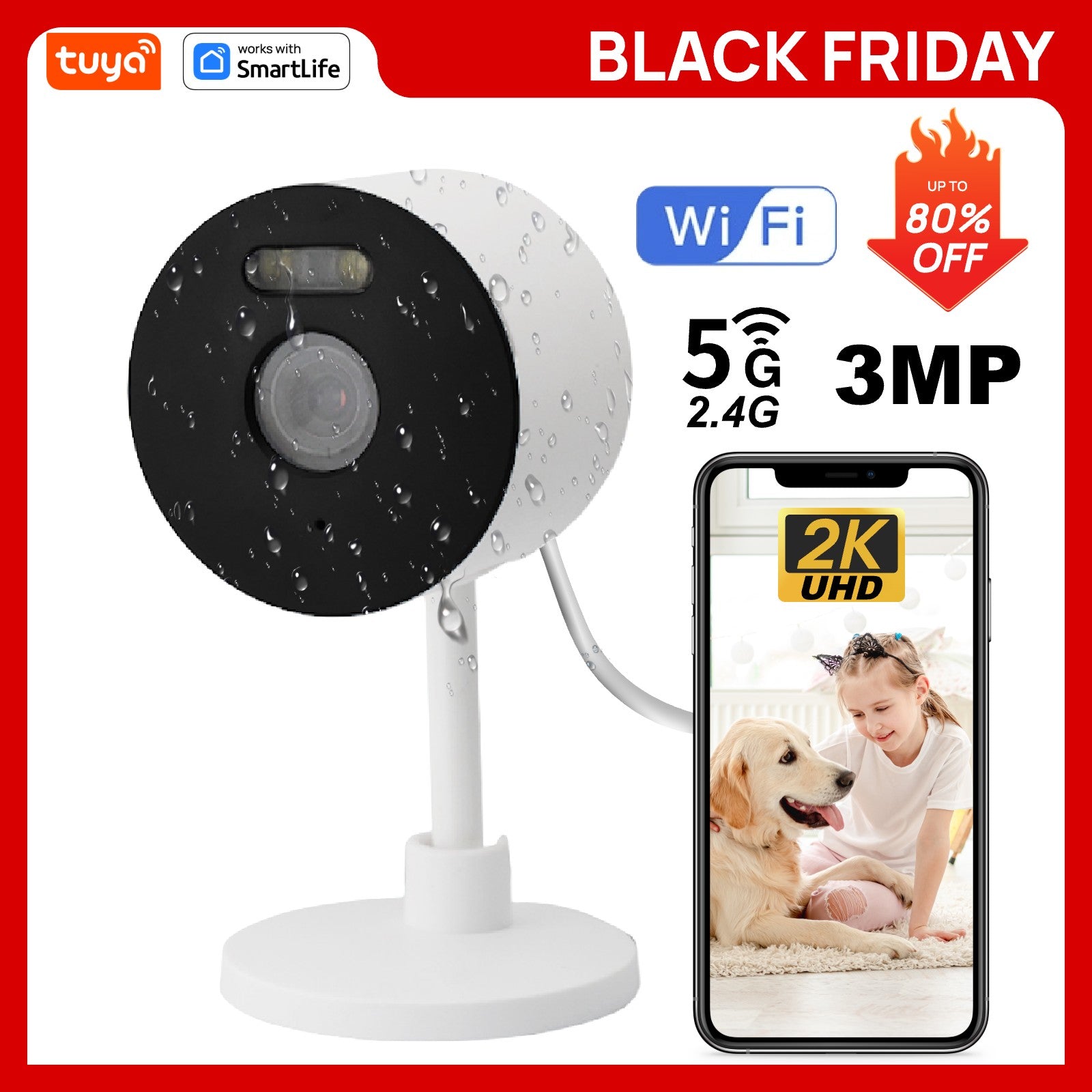 5G & 2.4G Tuya Smart Indoor/Outdoor Security Camera for Home,Baby/Elder/Pet Camera With Phone App,Color Night Vision 2-Way Audio