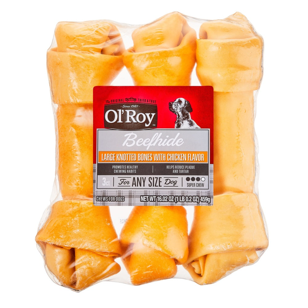 Large Knotted Rawhide Bones Dogs Chicken Flavor Chews 9 Inch Long Lasting Non Toxic Beefhide 3 Count Dental Treats